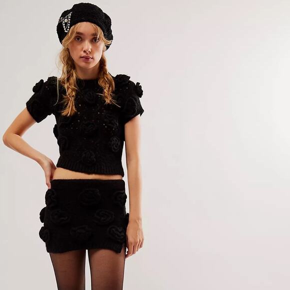 Tach Clothing Women’s Polina Top Elena Crochet Knit Skirt Set Black Rosettes S - Picture 15 of 15